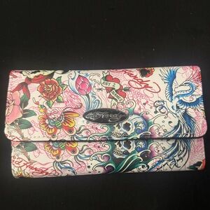 Ed Hardy White Multicolor Floral Skull Tattoo print Wallet